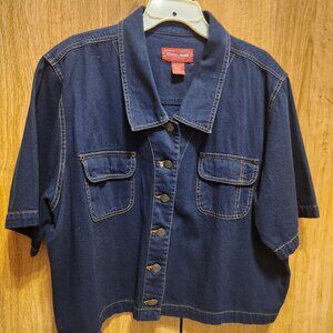 Women's Denim Button Down Crop Top with Collar